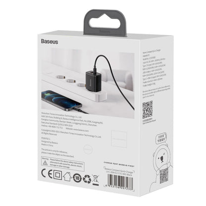 Baseus Kompakt hurtigoplader USB / USB Type C 20W 3A Strømforsyning Quick Charge 3.0 sort