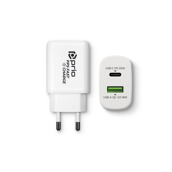 Fast Charge oplader 25W PD PPS (USB C)+QC 3.0 (USB A) hvid – ITFON