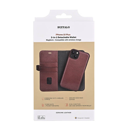 BUFFALO 2in1 Leather 3 card MagSerie iPhone 15 Plus Brun