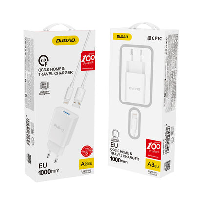 Dudao USB-vægoplader QC3.0 12W hvid + Lightning-kabel 1m (A3EU)