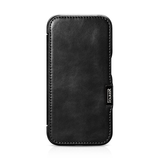 MagSafe-kompatibelt læder-flip-cover til iPhone 15 iCarer Curved Edge Oil Wax ægte læder-folio-etui - sort