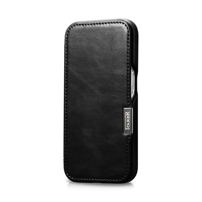 MagSafe-kompatibelt læder-flip-cover til iPhone 15 iCarer Curved Edge Oil Wax ægte læder-folio-etui - sort