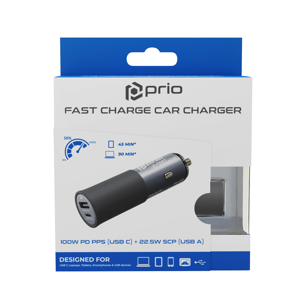 Prio Fast Charge Biloplader 100W PD (USB C) + 22,5W (USB A) sort