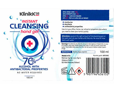 Klinikk58 Instant Cleansing Hand Gel 100 ml / 70% alc. CE-certifikat.