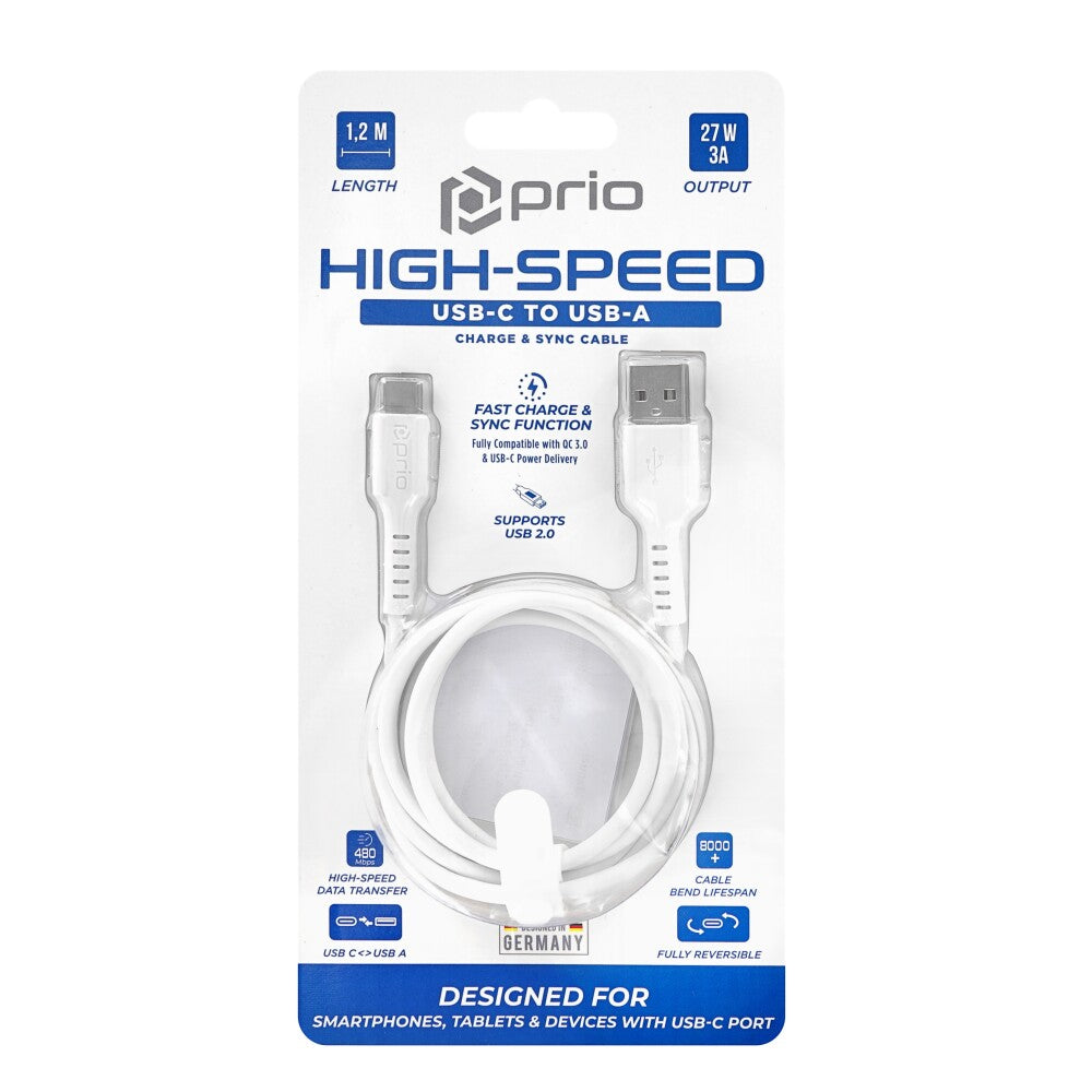 prio High-Speed Charge & Sync USB C to USB A Cable 3A 1.2m white