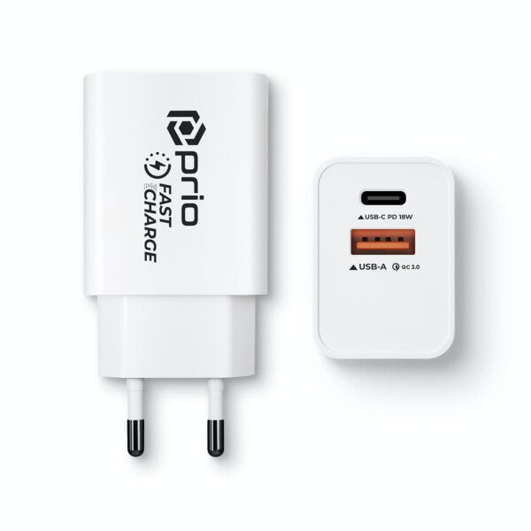 prio Fast Charge Wall Charger 18W PD (USB C)+QC 3.0(USB A) white