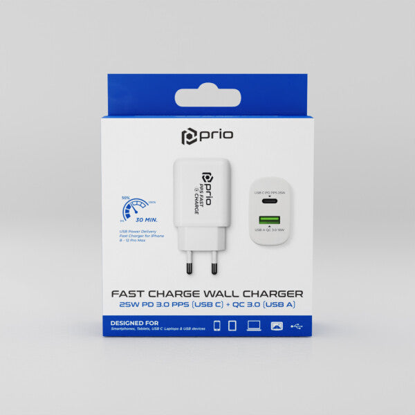 Prio Fast Charge oplader 25W PD PPS (USB C)+QC 3.0 (USB A) hvid