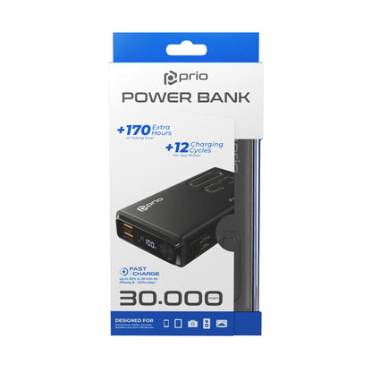 Prio powerbank 30.000 mAh hurtig opladning (22,5W SCP/18W PD/QC3.0)