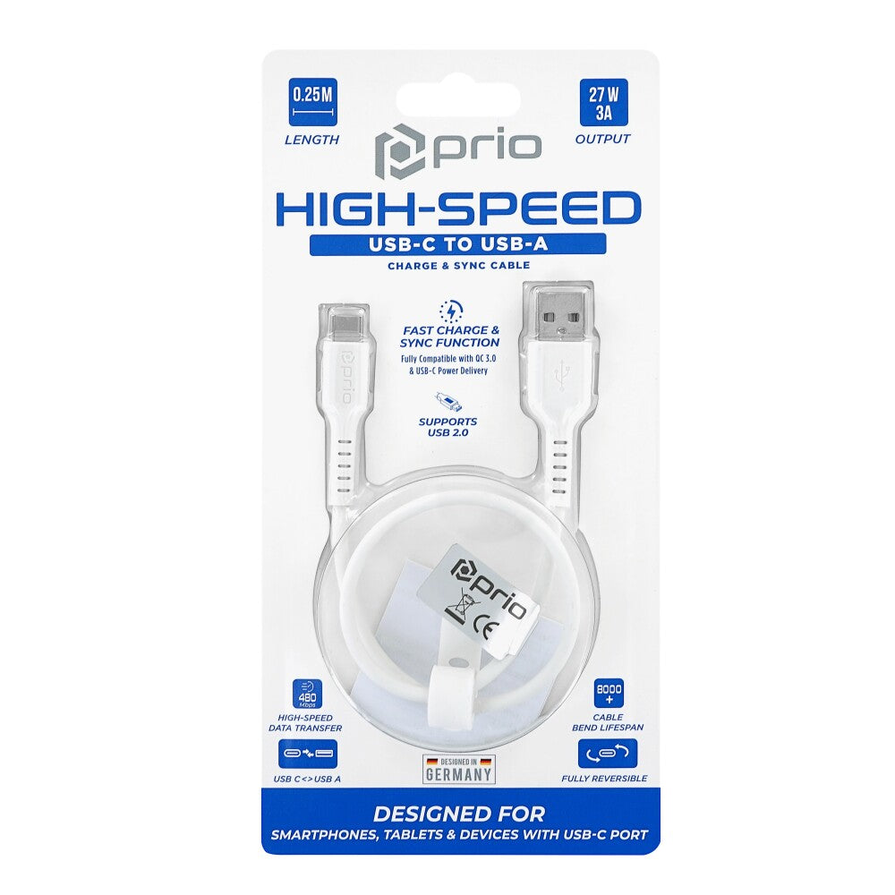 prio High-Speed Charge & Sync USB C to USB A Cable 3A 0.25m white