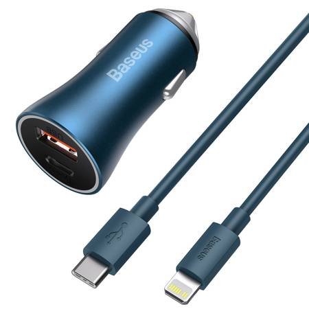 Baseus Golden Contactor Pro biloplader, USB + USB-C, QC4.0+, PD, SCP, 40W (blå) + USB-C - Lightning-kabel 1m (blå)