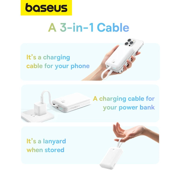 Baseus Magnetic Mini MagSafe 10000mAh 20W powerbank med indbygget Lightning-kabel - hvid + Baseus Simple Series USB-C - USB-C 60W 0,3m kabel